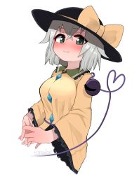 Rule 34 | 1girl, absurdres, black hat, blush, breasts, closed mouth, collared shirt, cropped torso, fang, frilled sleeves, frills, green eyes, grey hair, hat, heart, highres, interlocked fingers, komeiji koishi, looking at viewer, medium breasts, own hands together, shirt, simple background, solo, sun hat, third eye, topadori, touhou, white background, wide sleeves, yellow shirt