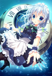 Rule 34 | 1girl, apron, bad id, bad pixiv id, between fingers, blue eyes, blush, boots, bow, braid, clock, hair bow, holding, holding knife, izayoi sakuya, knife, knives between fingers, maid apron, maid headdress, moi (licoco), open mouth, side braid, silver hair, solo, touhou, twin braids, twintails, wrist cuffs