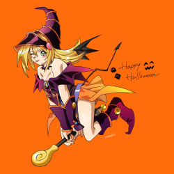 Rule 34 | 1girl, 203wolves, bat wings, blonde hair, blush stickers, breasts, dark magician girl, green eyes, happy halloween, highres, magical girl, one eye closed, orange background, purple footwear, simple background, solo, tongue, tongue out, wings, yu-gi-oh!, yu-gi-oh! duel monsters