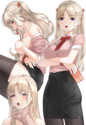 Rule 34 | 1boy, 1girl, :o, black pantyhose, black skirt, blonde hair, blouse, blush, breasts, collared shirt, covering privates, covering one breast, crossed arms, formal, grabbing another&#039;s chin, hair ribbon, half-closed eyes, hand on another&#039;s chin, highres, holding, kfr, large breasts, long hair, looking at viewer, multiple views, office lady, original, pantyhose, parted bangs, pencil skirt, pink shirt, pink skirt, purple eyes, ribbon, scrunchie, shirt, sidelocks, simple background, skirt, sweat, two side up, wavy hair, white background, wrist scrunchie
