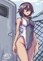 Rule 34 | 1girl, blush, breasts, brown hair, chain-link fence, cleavage, competition swimsuit, covered navel, dark-skinned female, dark skin, fence, highleg, highleg swimsuit, highres, medium breasts, mizuki yukikaze, mizuki yukikaze (future), one-piece swimsuit, open mouth, outdoors, pink eyes, shiny skin, short hair, simple background, skin tight, solo, standing, swimsuit, taimanin (series), taimanin rpgx, taimanin yukikaze, tanaka ag, two-tone swimsuit