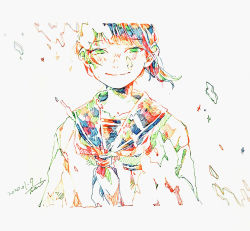 Rule 34 | 1girl, absurdres, colorful, cropped torso, dated, green eyes, hatching (texture), highres, looking at viewer, neckerchief, original, sailor collar, school uniform, serafuku, signature, smile, solo, star (symbol), traditional media, upper body, watanabe tomari, white background