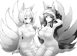 Rule 34 | 2girls, akagi (azur lane), alternate hairstyle, animal ears, azur lane, bare shoulders, blush, breasts, cleavage, closed mouth, collarbone, fox ears, fox girl, fox tail, greyscale, highres, hori (hori no su), kaga (azur lane), large breasts, long hair, looking at viewer, monochrome, multiple girls, naked towel, short hair, simple background, smile, steam, sweat, tail, towel, white background