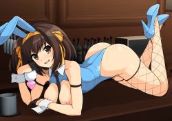 Rule 34 | 00s, 1girl, anal plug tail, anal tail, animal ears, arched back, arm belt, arm strap, bar (place), bare shoulders, between breasts, black necktie, blue bunny ears, blue footwear, blue leotard, breast rest, breastless leotard, breasts, breasts out, brown eyes, brown hair, butt plug, detached collar, fake animal ears, fake tail, feet up, fingers to cheek, fishnet thighhighs, fishnets, full body, gloves, half gloves, haruhisky, high heels, highleg, highleg leotard, indoors, large breasts, leotard, looking at viewer, lying, medium breasts, necktie, necktie between breasts, nipples, on counter, on stomach, on table, open mouth, playboy bunny, pumps, rabbit tail, sex toy, short hair, sleeveless leotard, smile, solo, suzumiya haruhi, suzumiya haruhi no yuuutsu, table, tail, thighhighs, wrist cuffs