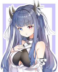 Rule 34 | 1girl, azur lane, bare shoulders, blue eyes, blue hair, blush, breasts, cleavage, commentary request, heterochromia, highres, horns, ibuki (azur lane), large breasts, long hair, long sleeves, looking at viewer, poppypilf, pout, red eyes, sidelocks, solo, upper body, very long hair