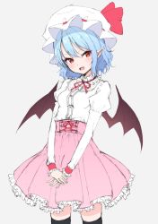 Rule 34 | 1girl, bat wings, black thighhighs, blouse, blue hair, blush, bow, breasts, fang, hat, high-waist skirt, juliet sleeves, junior27016, long sleeves, looking at viewer, meme attire, miniskirt, mob cap, open mouth, pink skirt, pointy ears, puffy sleeves, red eyes, remilia scarlet, shirt, short hair, simple background, sketch, skirt, small breasts, smile, solo, thighhighs, touhou, vampire, virgin killer outfit, white shirt, wings, zettai ryouiki