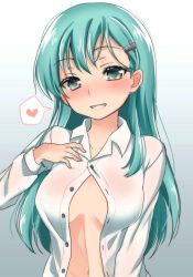 Rule 34 | 10s, 1girl, aqua eyes, aqua hair, asa (coco), blush, breasts, collared shirt, gradient background, heart, kantai collection, long hair, looking at viewer, navel, open clothes, open shirt, shirt, smile, solo, spoken heart, suzuya (kancolle), unbuttoned, upper body