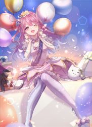 Rule 34 | 1girl, :3, ;d, asymmetrical legwear, balloon, blush, box, breasts, commentary, crown, dress, dutch angle, earrings, english commentary, gift, gift box, hair ornament, harui (hr x9 ), highres, himemori luna, himemori luna (1st costume), holding, holding balloon, hololive, jewelry, long hair, medium breasts, mismatched legwear, one eye closed, open mouth, pink dress, pink eyes, pink hair, sash, smile, solo, virtual youtuber