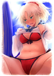 Rule 34 | 1girl, bikini, blonde hair, breasts, cleavage, clothes lift, dress, fate/apocrypha, fate/grand order, fate (series), green eyes, mordred (fate), mordred (fate) (all), mordred (fate/apocrypha), mordred (swimsuit rider) (fate), mordred (swimsuit rider) (first ascension) (fate), mordred (swimsuit rider) (second ascension) (fate), navel, ponytail, red bikini, sailor dress, shirt lift, solo, spread legs, string bikini, surfboard, sweat, swimsuit, yude