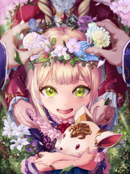 Rule 34 | 1girl, 2others, animal, commentary request, dress, flower, gem, gotthelife, hair flower, hair ornament, head out of frame, highres, holding, holding animal, holding flower, jewelry, lolita fashion, looking at viewer, luna (shadowverse), multiple others, open mouth, out of frame, petals, pink flower, pov, pov hands, purple dress, ring, shadowverse, smile, spring (season), stuffed animal, stuffed toy, white flower, yellow eyes