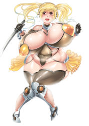 Rule 34 | 1girl, absurdres, ass, belly, black gloves, blonde hair, blush, bouncing breasts, breasts, breasts apart, cleavage, cosplay, covered erect nipples, covered navel, crossed legs, dagger, fat, female focus, frills, gloves, happy, headphones, heart, high heels, highres, hip vent, holding, holding sword, holding weapon, huge ass, huge breasts, igawa sakura, igawa sakura (cosplay), knife, leotard, looking at viewer, nitroplus, open mouth, plump, puffy areolae, puffy nipples, remu (kirieroido), revealing clothes, shiny clothes, shiny skin, showgirl skirt, skin tight, solo, standing, super pochaco, sword, taimanin (series), taimanin suit, thick thighs, thighs, thong leotard, twintails, weapon, white background, wide hips