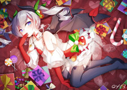 Rule 34 | 1girl, arched back, asymmetrical legwear, bare shoulders, bed sheet, bell, black thighhighs, black wings, blue eyes, blush, bow, box, breasts, candy, candy cane, candy wrapper, christmas, closed mouth, commentary request, curled horns, demon girl, demon horns, demon tail, demon wings, dress, elbow gloves, food, from above, gift, gift box, gloves, green bow, green ribbon, grey hair, hair bell, hair between eyes, hair ornament, hair ribbon, hand up, heart, heart-shaped pupils, horns, jingle bell, lollipop, long hair, looking at viewer, looking up, lying, niliu chahui, no shoes, on side, original, qys3, red bow, red dress, red gloves, ribbon, see-through, signature, sleeveless, sleeveless dress, small breasts, solo, swirl lollipop, symbol-shaped pupils, tail, thighhighs, twintails, uneven legwear, wings