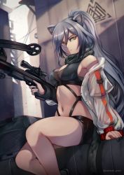 Rule 34 | 1girl, absurdres, animal ear fluff, animal ears, arknights, artist name, bare legs, bare shoulders, black scarf, black shorts, bow (weapon), breasts, caiman pool, cat ears, cat tail, cleavage, commentary, crop top, crossbow, feet out of frame, hair between eyes, highres, holding, holding bow (weapon), holding crossbow, holding weapon, huge filesize, jacket, large breasts, long hair, long sleeves, looking at viewer, midriff, navel, off shoulder, ponytail, scarf, schwarz (arknights), short shorts, shorts, silver hair, sitting, solo, stomach, tail, thighs, twitter username, weapon, white jacket, yellow eyes