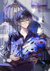 Rule 34 | 1boy, absurdres, bishounen, black eyes, black hair, bouquet, buttons, cage, chain, crossed bangs, eyewear strap, flower, glasses, highres, holding, holding bouquet, i became a god in a horror game, long sleeves, male focus, mu ke, semi-rimless eyewear, short hair, sitting, smile, solo, under-rim eyewear, watch, whiwhiwhi