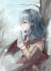 Rule 34 | 1girl, against tree, black wings, blue hair, brown coat, coat, day, from side, highres, long hair, outdoors, pointy ears, purple scarf, red eyes, remilia scarlet, scarf, snow, snowing, snozaki, solo, touhou, tree, upper body, wings