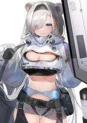 Rule 34 | 1girl, animal ears, arknights, aurora (arknights), bad id, bad twitter id, bear ears, black gloves, black hairband, black shirt, blue eyes, breasts, cleavage, cleavage cutout, clothing cutout, commentary, cowboy shot, crop top, cropped jacket, eyes visible through hair, gloves, grey shorts, hair over one eye, hairband, highres, jacket, large breasts, long hair, looking at viewer, midriff, navel, nima (niru54), shirt, short shorts, shorts, silver hair, simple background, smile, solo, standing, stomach, very long hair, white background, white jacket
