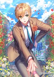Rule 34 | 1boy, aqua neckwear, blonde hair, blue sky, bouquet, cloud, copyright name, corsage, day, flower, formal, gate, green eyes, grey pants, hair between eyes, holding hands, hedge, holding, holding bouquet, leaning forward, male focus, official art, open mouth, outdoors, pants, petals, pov, rose, shirt, short hair, sid story, sila (carpen), sky, solo focus, standing, suit, sweatdrop, watermark, white shirt, wristband