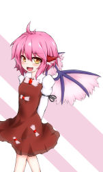 Rule 34 | 1girl, animal ears, arms behind back, blush, female focus, highres, krace, looking at viewer, mystia lorelei, no headwear, no headwear, open mouth, pink hair, short hair, smile, solo, touhou, wings, yellow eyes