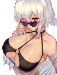 Rule 34 | 1girl, azur lane, bare shoulders, bikini, black bikini, blush, breasts, choker, cleavage, collarbone, commentary request, fingernails, hair between eyes, heart, heart-shaped eyewear, large breasts, looking at viewer, low twintails, nail polish, o-ring, o-ring top, off shoulder, parted lips, red eyes, satou daiji, scrunchie, see-through, short hair, short twintails, simple background, sirius (azur lane), sirius (scorching-hot seirios) (azur lane), smile, solo, sunglasses, swimsuit, twintails, white background, white hair, white scrunchie, wrist scrunchie