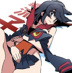Rule 34 | 1boy, 1girl, black eyes, black hair, clothes in front, covering privates, kill la kill, looking at viewer, lying, matoi ryuuko, nude, nude cover, on back, q-bei, school uniform, senketsu, short hair, simple background, tagme, text background, white background