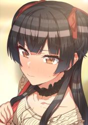 Rule 34 | 1girl, beige blouse, black hair, blunt bangs, blurry, blurry background, blush, bow, breasts, brown eyes, choker, cleavage, collarbone, erere, facing away, frilled choker, frilled shirt, frills, from above, full-face blush, hair bow, hair ribbon, holding, idolmaster, long hair, looking at viewer, mayuzumi fuyuko, medium breasts, red bow, ribbon, shirt, solo, two side up, upper body