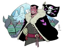Rule 34 | 1boy, black hair, coat, cropped legs, dalton (one piece), facial hair, flag, goatee, grin, happy, heart, heart print, jolly roger, male focus, mature male, one piece, short hair, smile, snow, solo, tench, thick eyebrows
