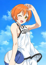 Rule 34 | 10s, 1girl, ;), bad id, bad pixiv id, ball, bare shoulders, basketball, basketball (object), basketball uniform, blue sky, blush, breasts, cloud, cowboy shot, day, hoshizora rin, love live!, love live! school idol project, national basketball association, one eye closed, open mouth, orange hair, san antonio spurs, short hair, sky, small breasts, smile, solo, sportswear, yellow eyes, zuihou (hechen121)
