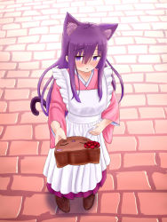Rule 34 | 1girl, absurdres, animal ear fluff, animal ears, apron, blush, box, brown footwear, cat ears, cat girl, cat tail, commentary request, frilled apron, frills, full body, gift, gift box, hair between eyes, hakama, hakama skirt, highres, holding, holding gift, incoming gift, iroha (iroha matsurika), japanese clothes, kimono, long hair, long sleeves, maid, maid apron, nose blush, original, parted lips, pink kimono, purple eyes, purple hair, purple hakama, shoes, skirt, solo, standing, tail, very long hair, wa maid, white apron, wide sleeves