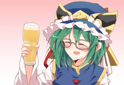 Rule 34 | 1girl, :d, balance scale, beer mug, blue hat, brown-framed eyewear, closed eyes, cup, frilled hat, frills, glasses, gradient background, green hair, hat, highres, holding, holding cup, ichimura kanata, long sleeves, mug, open mouth, pink background, shiki eiki, short hair, smile, solo, touhou, upper body, weighing scale, zun