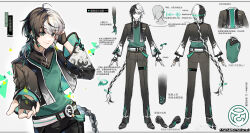 1boy absurdres artist_name black_footwear black_hair black_jacket black_pants braid braided_ponytail character_sheet chinese_text cowboy_shot earphones full_body green_eyes green_shirt grey_background hand_on_own_head highres jacket long_hair looking_at_viewer male_focus multicolored_hair multiple_views outstretched_hand pants shirt shirt_tucked_in split-color_hair standing titaniumtai translation_request turnaround very_long_hair vocaloid vsinger_(vocaloid) weibo_logo weibo_watermark white_hair yuezheng_longya