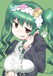 Rule 34 | 1girl, :3, breasts, brown eyes, character request, copyright request, crown, green background, green hair, headdress, highres, large breasts, long hair, long sleeves, looking at viewer, monosenbei, parted lips, simple background, smile, solo, twintails, upper body