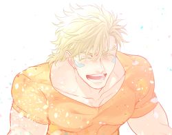 Rule 34 | 1boy, :d, ^ ^, battle tendency, blonde hair, caesar anthonio zeppeli, closed eyes, confetti, closed eyes, facial mark, happy, jojo no kimyou na bouken, male focus, open mouth, orange shirt, s gentian, shirt, smile, solo, t-shirt, tight clothes