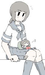 Rule 34 | 1girl, blue socks, blue neckerchief, blue sailor collar, blue skirt, brown hair, chibi, closed mouth, commentary request, closed eyes, fubuki (kancolle), grey footwear, kantai collection, kneehighs, looking to the side, low ponytail, medium hair, music, neckerchief, no mouth, pillow, pleated skirt, sailor collar, school uniform, serafuku, shirt, shoes, sidelocks, simple background, singing, sitting, skirt, socks, solo, task (s task80), uniform, white background, white shirt