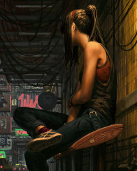 Rule 34 | 1girl, bare shoulders, bench, black footwear, black hair, black pants, black shirt, car, commentary, earrings, facing away, feet out of frame, guweiz, highres, jewelry, motor vehicle, neon lights, original, pants, ponytail, road sign, shirt, shoe soles, shoes, sidelocks, sign, sitting, sleeveless, sleeveless shirt, solo, stud earrings, symbol-only commentary