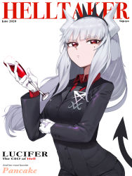 Rule 34 | 1girl, alcohol, black necktie, character name, closed mouth, copyright name, crown, cup, dated, demon girl, demon horns, demon tail, drinking glass, english text, eyelashes, formal, gloves, grey hair, helltaker, highres, holding, holding cup, horns, long eyelashes, looking at viewer, lucifer (helltaker), mole, mole under eye, necktie, red eyes, siguya, solo, suit, tail, white gloves, white horns, white wolf, wine, wine glass