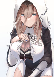 Rule 34 | 1girl, absurdres, aponia (honkai impact), blue eyes, breast curtains, breasts, brown hair, closed mouth, cross, hair between eyes, hand on own chest, highres, honkai (series), honkai impact 3rd, large breasts, long bangs, looking at viewer, mole, mole under eye, nun, solo, ta1sh1, veil