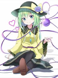 Rule 34 | 1girl, aqua eyes, black hat, black pantyhose, blouse, brown footwear, buttons, clip studio paint (medium), closed mouth, collared shirt, commentary request, diamond button, eyeball, flower, frilled shirt collar, frilled sleeves, frills, full body, green hair, green skirt, hair between eyes, hair flower, hair ornament, hat, hat ribbon, head tilt, heart, heart of string, highres, iyo (ya na kanji), komeiji koishi, long hair, long sleeves, looking at viewer, on floor, pantyhose, purple flower, purple rose, ribbon, rose, shadow, shirt, shoes, simple background, skirt, smile, solo, third eye, touhou, white background, wide sleeves, yellow ribbon, yellow shirt