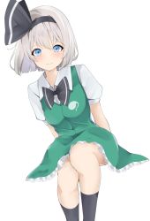 Rule 34 | 1girl, 258n, absurdres, arms behind back, black bow, black bowtie, black hairband, black ribbon, black socks, blue eyes, blush, bob cut, bow, bowtie, breasts, feet out of frame, green skirt, green vest, hair intakes, hair ribbon, hairband, highres, hitodama print, invisible chair, kneehighs, konpaku youmu, light smile, looking at viewer, medium breasts, petticoat, puffy short sleeves, puffy sleeves, ribbon, short hair, short sleeves, silver hair, simple background, sitting, skirt, skirt set, socks, solo, touhou, vest, white background, wing collar