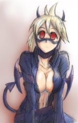 Rule 34 | 1girl, bat wings, blonde hair, breasts, center opening, dorohedoro, highres, horns, large breasts, nikaidou (dorohedoro), open clothes, red eyes, solo, tail, takaniso, wings, zipper