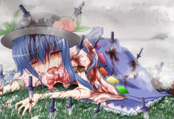 Rule 34 | 1girl, bad end, blood, blue hair, female focus, food, fruit, guro, hat, hinanawi tenshi, knife, knifed, long hair, lying, on stomach, open mouth, peach, shimo (depthbomb), solo, tears, touhou