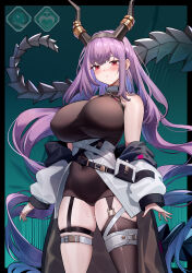 Rule 34 | 1girl, absurdres, arknights, bare shoulders, black leotard, black thighhighs, breasts, commentary request, cowboy shot, dishui tangni, garter straps, highres, horns, huge breasts, leotard, long hair, looking at viewer, off shoulder, purple hair, red eyes, single thighhigh, skindentation, solo, standing, thigh strap, thighhighs, thighs, typhon (arknights), very long hair