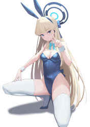 Rule 34 | 1girl, absurdres, afe., animal ears, aqua bow, aqua bowtie, blonde hair, blue archive, blue halo, blue leotard, bow, bowtie, breasts, cleavage, commentary, detached sleeves, fake animal ears, halo, highres, leotard, long hair, medium breasts, official alternate costume, rabbit ears, shadow, simple background, solo, thighhighs, thighs, toki (blue archive), toki (bunny) (blue archive), v, white background, white thighhighs
