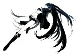 Rule 34 | 10s, 1girl, bad id, bad pixiv id, belt, bikini, bikini top only, black hair, black rock shooter, black rock shooter (character), blue eyes, boots, female focus, flat chest, full body, hosaka dx, jacket, kichi (pixiv391934), long hair, midriff, monochrome, navel, pale skin, scar, shorts, simple background, solo, spot color, swimsuit, twintails, uneven twintails, very long hair, white background