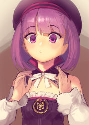 Rule 34 | 1girl, bare shoulders, beret, black dress, black hat, boa (brianoa), breasts, detached collar, detached sleeves, dress, fate/grand order, fate (series), hat, helena blavatsky (fate), highres, long sleeves, looking at viewer, purple eyes, purple hair, short hair, small breasts, solo