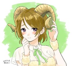 Rule 34 | 10s, 1girl, 2015, bad id, bad pixiv id, blonde hair, blush, highres, horns, hotoke (zz orz), koizumi hanayo, looking at viewer, love live!, love live! school idol project, purple eyes, ribbon-trimmed collar, ribbon trim, sheep horns, simple background, solo