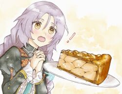 Rule 34 | !, 1girl, apple pie, asuka rkgk, blush, braid, brown eyes, clorica (rune factory), commentary request, frills, green jacket, hands up, jacket, long hair, long sleeves, open clothes, open jacket, open mouth, own hands together, pie, plate, purple hair, rune factory, rune factory 4, solo, sparkling eyes, strap, tongue, twin braids, twintails, upper body, white background