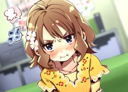 Rule 34 | 10s, 1girl, anger vein, angry, blue eyes, blush, brown hair, dress, dutch angle, flower, hair flower, hair ornament, idolmaster, idolmaster million live!, looking at viewer, pout, short hair, solo, spoken anger vein, suou momoko, synrnmd