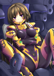 Rule 34 | 1girl, absurdres, black bodysuit, blush, bodysuit, breasts, brown hair, cockpit, covered navel, crossed arms, fortified suit, highres, impossible bodysuit, impossible clothes, legs, leotard, long hair, looking at viewer, lying, machinery, medium breasts, muv-luv, navel, on back, pilot suit, purple eyes, purple hair, sitting, skin tight, spread legs, takamura yui, tozuka natsuru, tsurime