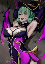 Rule 34 | absurdres, armpits, bewitching elise, black dress, black hat, black sleeves, blush, breasts, brown background, bug, commentary request, detached sleeves, dress, elise (league of legends), green hair, halloween, hat, highres, large breasts, league of legends, pink dress, pink wings, short hair, signature, smile, solo, spider, sweat, two-tone dress, two-tone headwear, two-tone wings, upper body, wei miao, wings