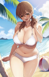 Rule 34 | 1girl, absurdres, ball, beach, beachball, bikini, breasts, brown hair, cleavage, highres, large breasts, looking at viewer, medium hair, mole, mole under eye, ocean, open mouth, original, short twintails, solo, standing, swimsuit, thighs, twintails, udon (udonalium), wet, yellow eyes
